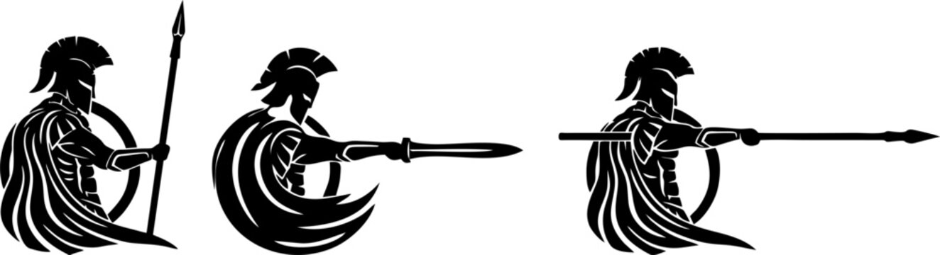Spartan Warrior Silhouette with Spear and Shield for Mascot or Logo Design