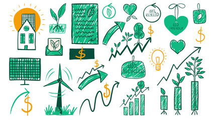 Esg concept hand drawn ecology set. Sustainable energy icons with financial growth ideas, green doodle solar panel, wind turbine and business graph. © Aliaksandra