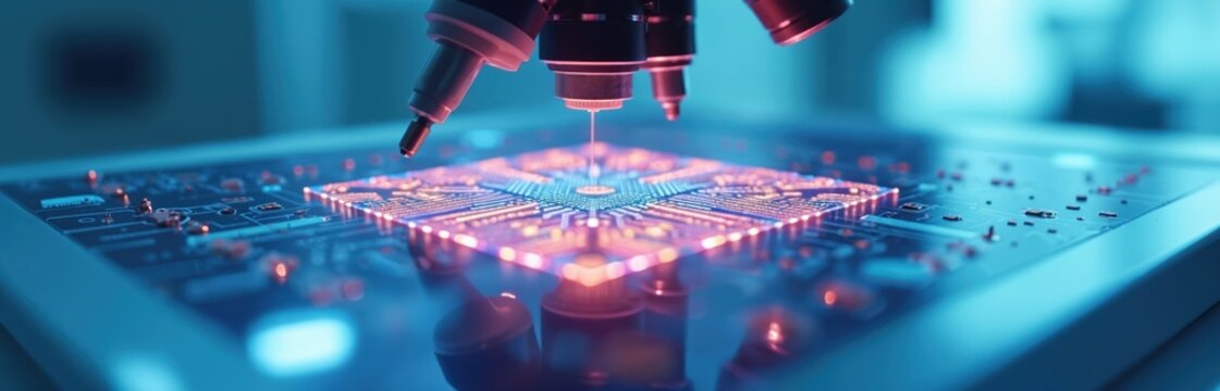 Microscope examines microchip circuit board. High-tech lab research shows tiny electronic components. Precision engineering, intricate design, blue lighting glow.