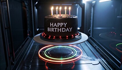 A black birthday cake with "HAPPY BIRTHDAY" in white frosting, lit candles, and a circular red, green, and blue light pattern on a shiny metal surface inside a futuristic oven.
