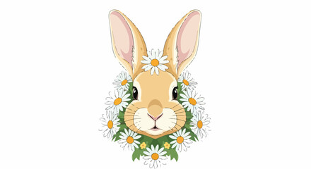 Obraz premium Illustration of a rabbit's face surrounded by white and yellow flowers with green leaves on a plain white background.