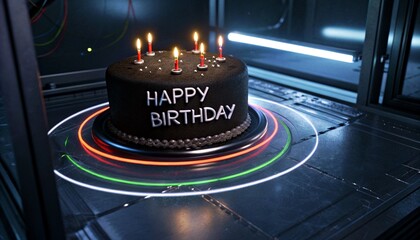 Photograph of a black birthday cake with lit candles spelling "HAPPY BIRTHDAY" on a futuristic, metallic floor with colorful light trails.