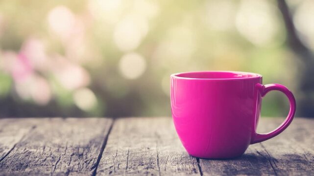A vibrant magenta mug sits on a textured wooden surface, with a soft green bokeh background