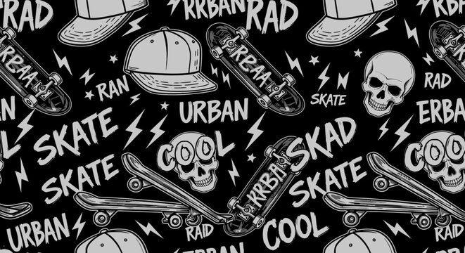 Seamless Urban Skateboarding Pattern with Skulls, Caps, and Lightning Bolts on Black Background
