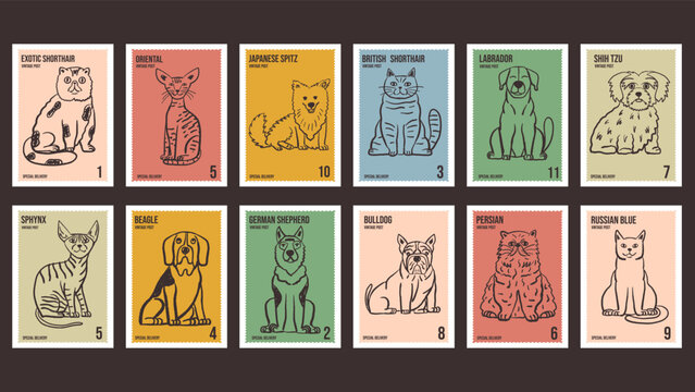 A set of cute vintage postage stamp illustrations with  various cat and dog breeds in a quick sketch style. Vector animal print elements.