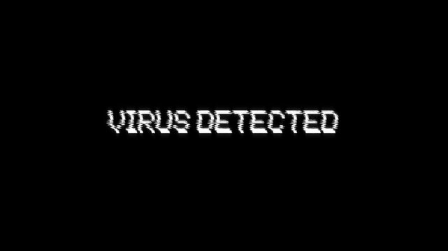 virus detected glitch text warning and alert animation, hacking message over computer program security infected virus detected with a virus glitch background effect