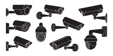 Various black security camera designs with brackets on white background professional surveillance equipment set vector © Mukti