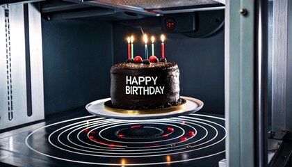 Photograph of a dark chocolate birthday cake with lit candles and "HAPPY BIRTHDAY" written in white on a black surface.