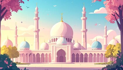 Serene Mosque Illustration with Pastel Colors and Nature.