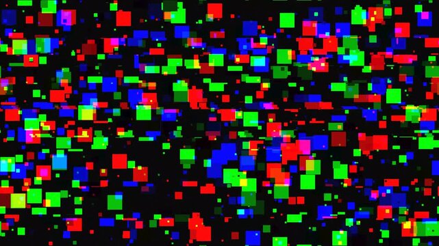 Abstract digital glitch background with colorful square pixels displaying a randomized data corruption effect, creating a vibrant, dynamic, and modern visual tearing pattern