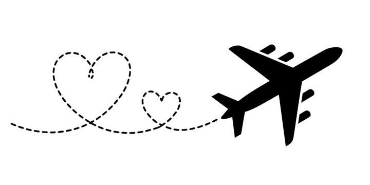 Airplane flying with heart shaped dotted line trail on white background