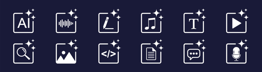 Smart artificial intelligence content creation icon set with chatbot message media document and analytics symbols glowing sparkle style © SunnyScrap