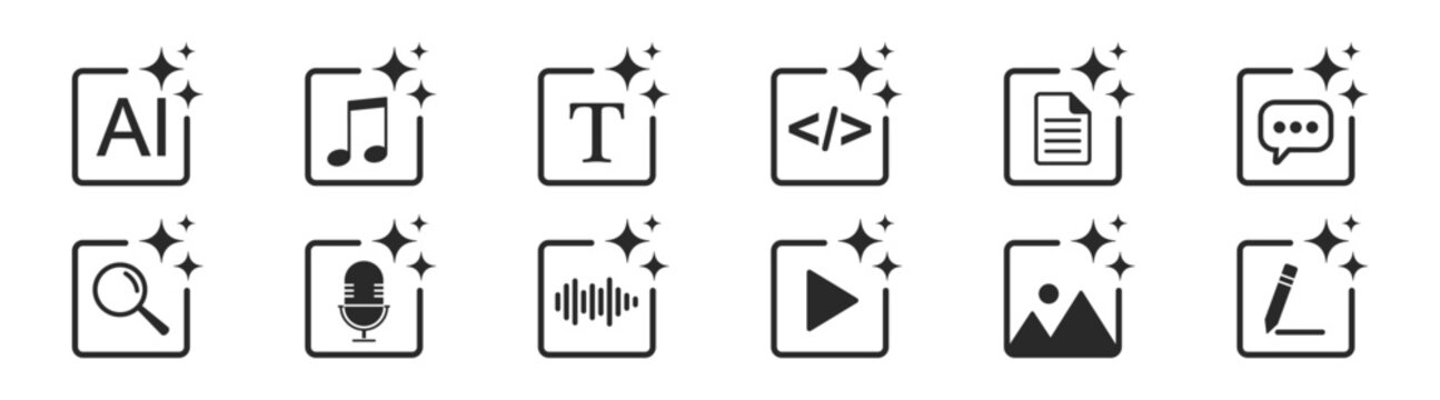 Artificial intelligence generator icons for text image video audio music document and presentation creation with sparkle accents isolated on transparent background