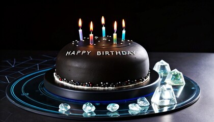 Photograph of a black birthday cake with lit candles, "HAPPY BIRTHDAY" in silver letters, surrounded by crystal-like decorations on a blue, futuristic patterned plate.