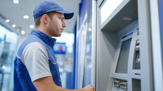 Young male technician in blue uniform servicing a modern ATM machine in a brightly lit bank branch. Focused professional ensures secure and efficient operation of automated teller equipment