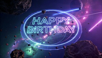 Digital art of a glowing neon "HAPPY BIRTHDAY" sign floating in outer space, surrounded by asteroids and comets, with vibrant colors and cosmic background.