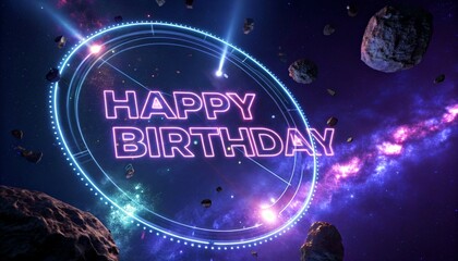 A vibrant, digital CGI image featuring a glowing, neon "HAPPY BIRTHDAY" message in space with asteroids, a galaxy, and cosmic lighting effects.