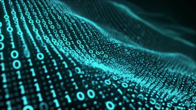 Cyan binary digits shifting curved motion glowing waves seamless futuristic surreal ambience cascading softly glowing abstract unique style ultra realistic loop