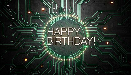 A digital illustration featuring a green circuit board background with intricate wiring and glowing orange dots. At the center, the text "HAPPY BIRTHDAY!" is prominently displayed in bold, white lette