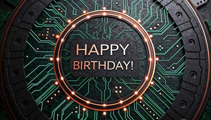 Photograph of a circular, glowing "HAPPY BIRTHDAY!" message on a dark green, intricate circuit board background with a metallic ring of small, warm lights surrounding the text.