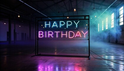 Photograph of a neon sign reading "HAPPY BIRTHDAY" in pink and blue lights, set in a dimly lit, industrial-style warehouse with fog and colorful lights in the background.