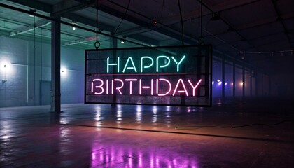 A neon sign in a dimly lit, industrial warehouse reads "HAPPY BIRTHDAY" in vibrant green and pink lights, casting colorful reflections on the glossy floor.