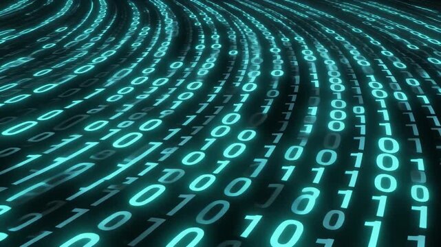 Cyan binary digits traveling curved surface glow trail seamless futuristic surreal ambience cascading softly glowing abstract unique style ultra realistic loop