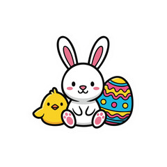 Obraz premium A charming white Easter bunny sits beside a sweet yellow chick and a colorful, patterned Easter egg.
