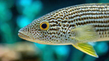 Stripped Fish Portrait In Blue Aquarium, Focus on the Eye, Underwater Life