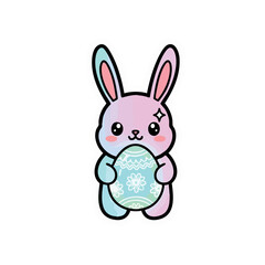 Obraz premium Adorable gradient Easter bunny sticker clutching a decorated teal egg, showcasing a cute face and subtle sparkling eye.