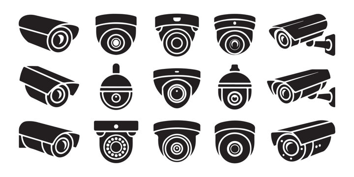 Set of black and white icons for different types of security cameras used for surveillance and monitoring