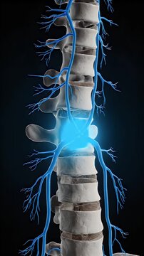 Close Up Medical Animation of Lumbar Spine Showing Compressed Spinal Cord and Inflamed Sciatic Nerve Pathways in Blue and Red Hues