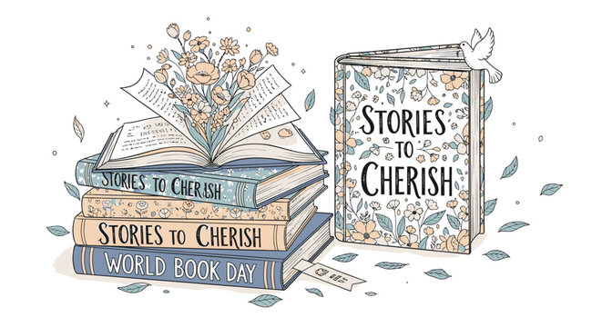 Vector illustration of stacked books with 'Stories to Cherish' and 'World Rock Day' titles, surrounded by leaves and flowers on transparent background