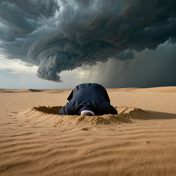 Businessman with head in sand facing a looming storm cloud in a desolate desert landscape