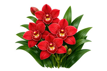 Obraz premium Red cymbidium orchids blooming with green leaves, creating a vibrant tropical floral arrangement, transparent background
