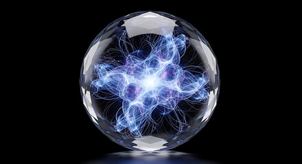 A glowing blue energy sphere with intricate patterns and a futuristic