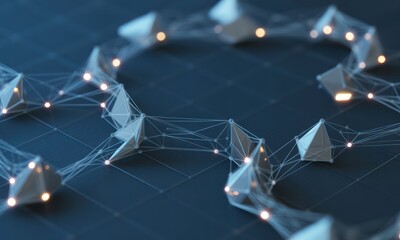 Geometric shapes connected by glowing lines form a circular network