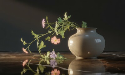 Pink and purple flowers spill from a vase on a marble surface