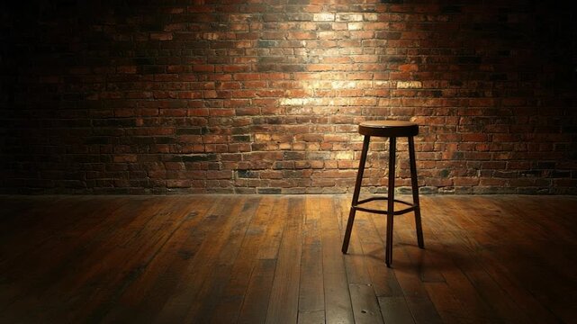 A single stool sits on a wooden floor before a brick wall illuminated by a spotlight