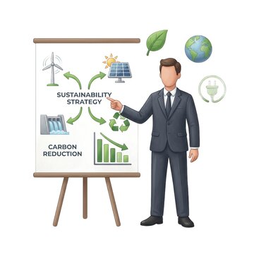 Business professional presenting sustainability strategy with charts and green energy icons, modern office, corporate responsibility concept