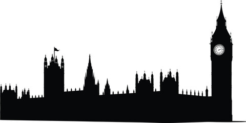 London skyline silhouette, Westminster cityscape with Big Ben clock tower and historic parliament buildings panorama at sunset