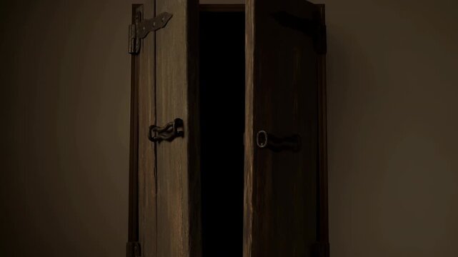 Suspenseful Glimpse Of Ancient Cabinet Entrance. Closeup Of Aged Wooden Door Revealing Hidden Secrets