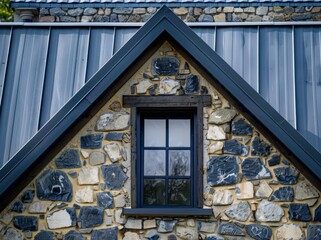 Stone house exterior showcasing a sharp rooftop design with framed window and textured wall elements in a beautiful architectural setting