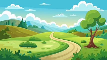 Obraz premium A serene countryside path winding through a lush green landscape under a clear sky