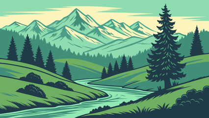 Fototapeta premium Serene mountain landscape with lush green forest and gentle river flowing through