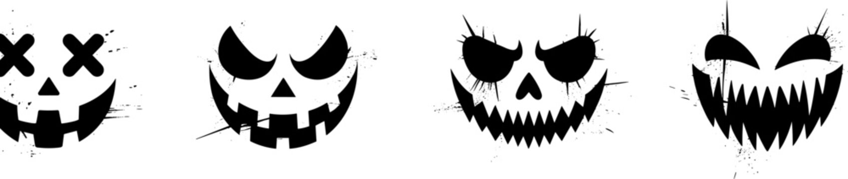 Set of four scary pumpkin face silhouettes with splattered ink texture and cross eyes flat vector illustration isolated on white background for Halloween horror.