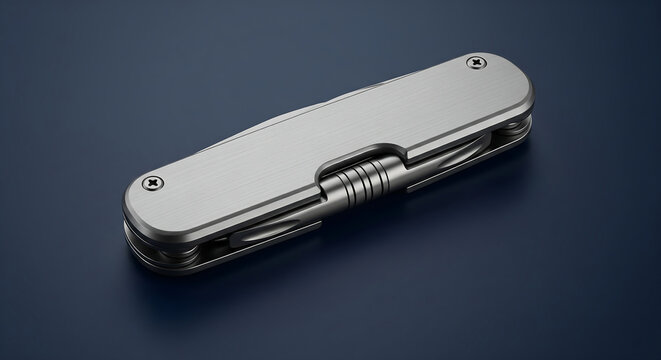 Sleek Silver Multi-Tool Pocket Knife on Dark Blue Background Equipment Shot