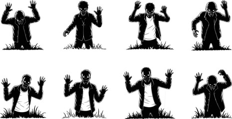 Obraz premium Set of eight scary zombie silhouettes rising from the ground with glowing eyes flat vector illustration isolated on white background for Halloween horror design.