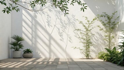 interior design scene with plants, Minimal shadow play of plants on white wall, background