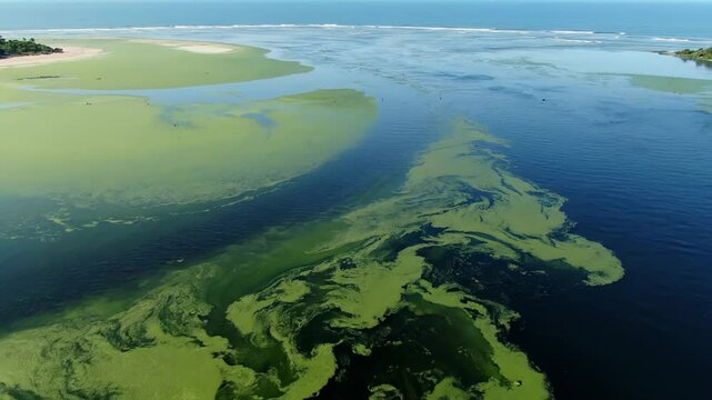 Aerial view massive green algae bloom spreading across dark blue coastal water near sandy beach, for severe environmental pollution, eutrophication, urgent need for ecological preservation